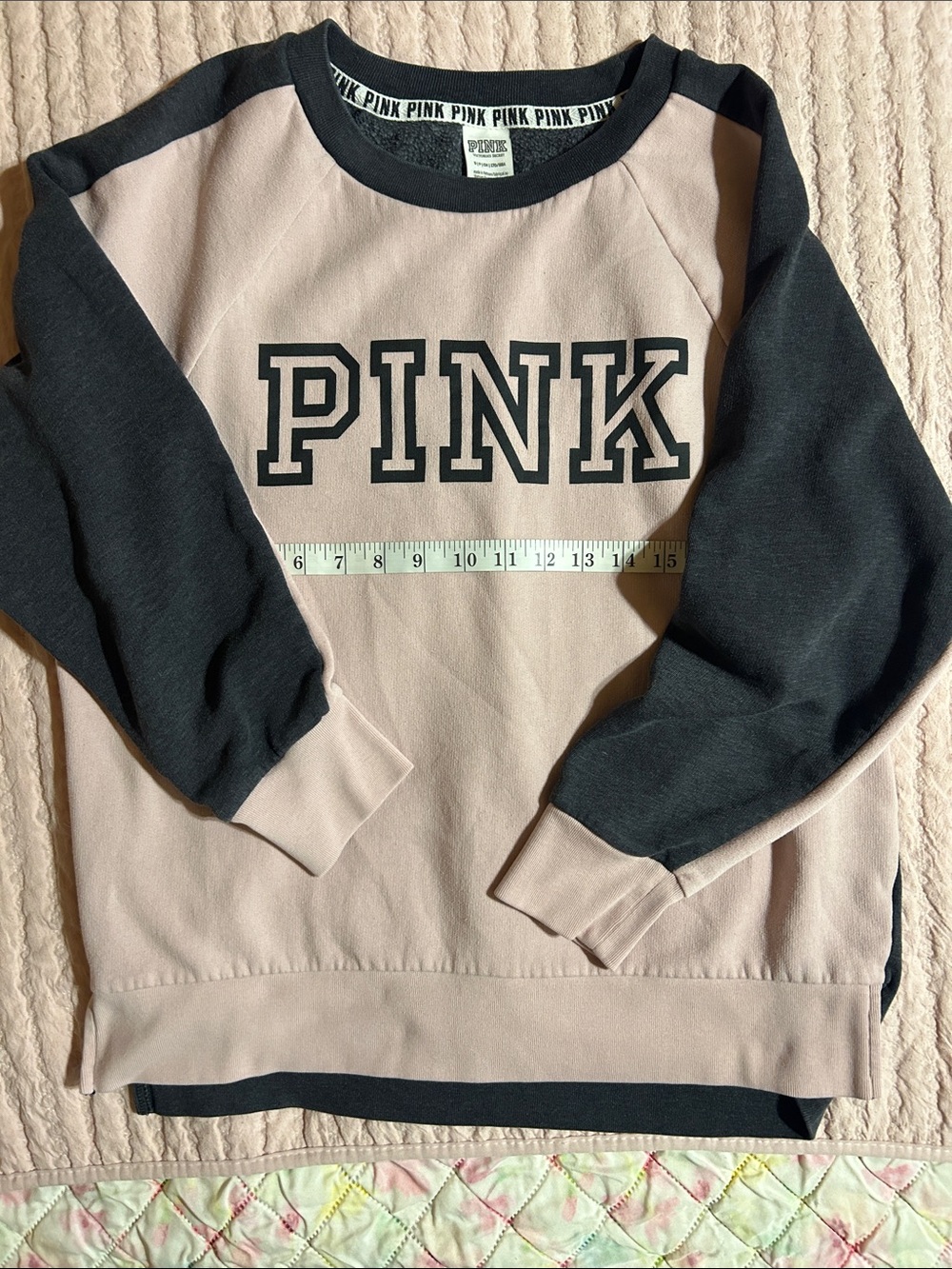 Woman’s PINK Victoria's Secret Pale Pink & Black Logo Raglan Sweatshirt - Picture 2 of 5